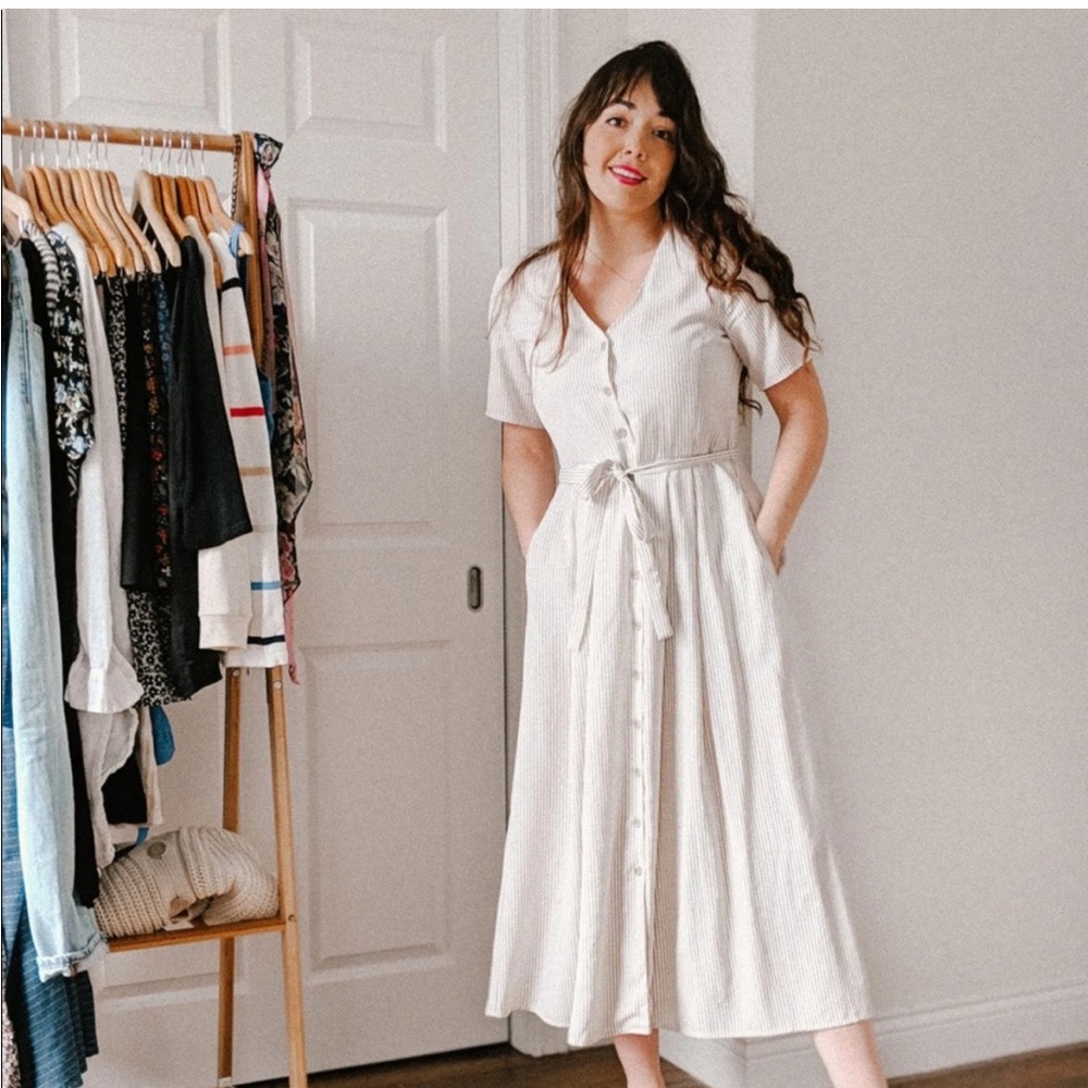 Vetta Capsule The Button Up Midi Dress in Tan Stripe S D1